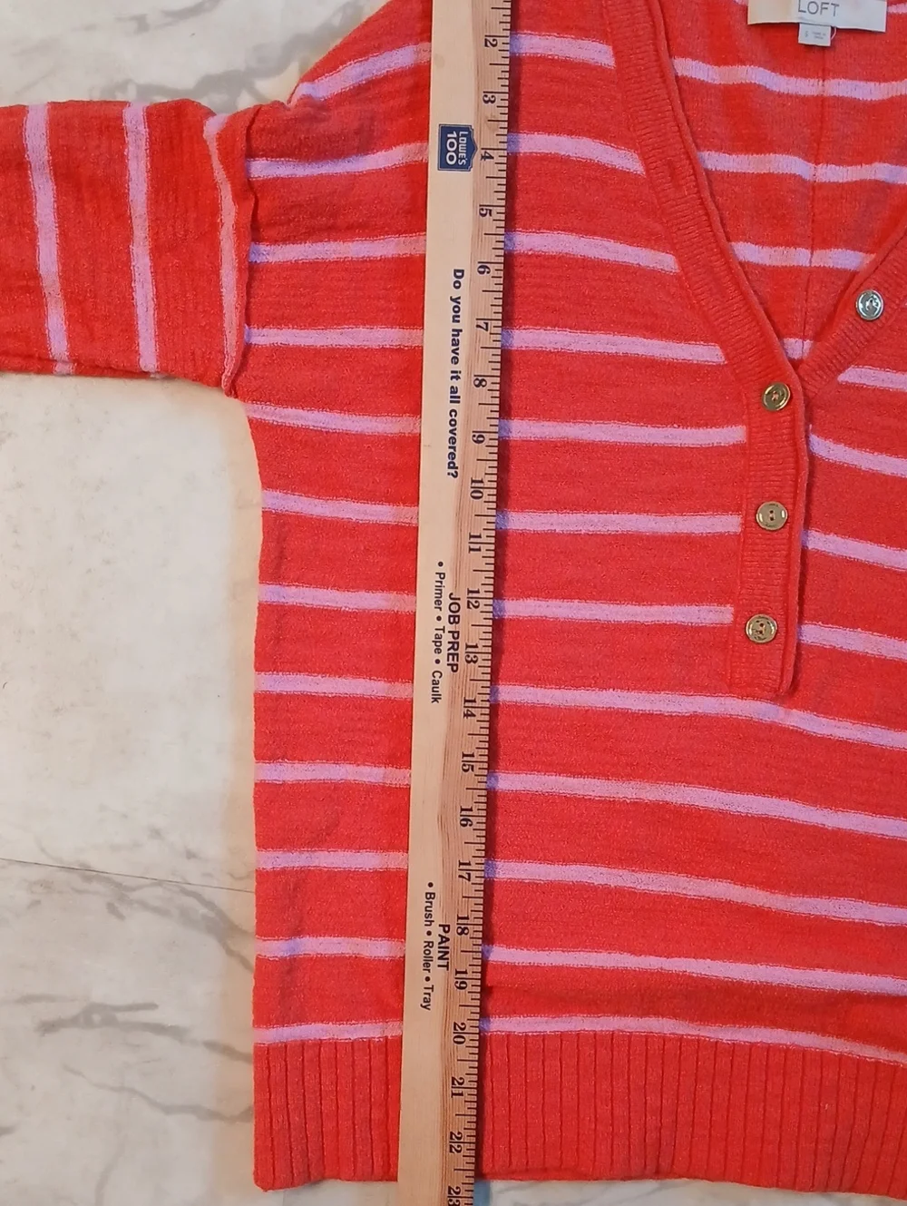 LOFT Coral & Light Pink Striped V-Neck Button Light Sweater Knit Pullover Small